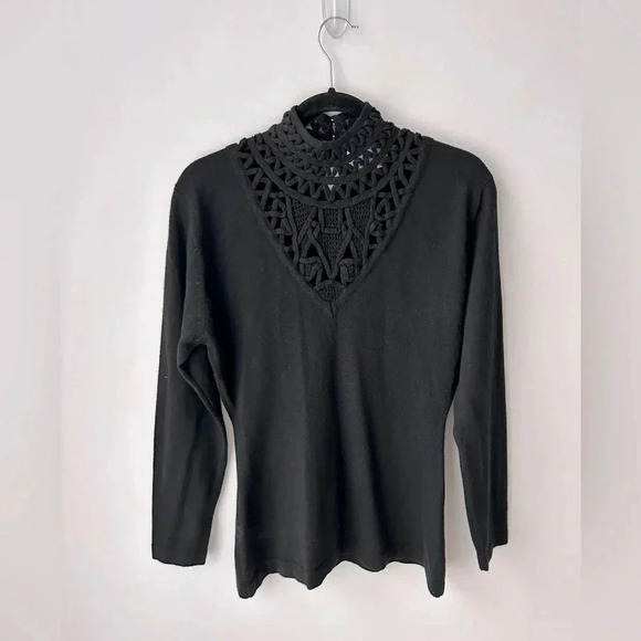 Vintage Spanner Lace Turtleneck Black Victorian Crochet Neck Wool Blend Top - Picture 2 of 10
